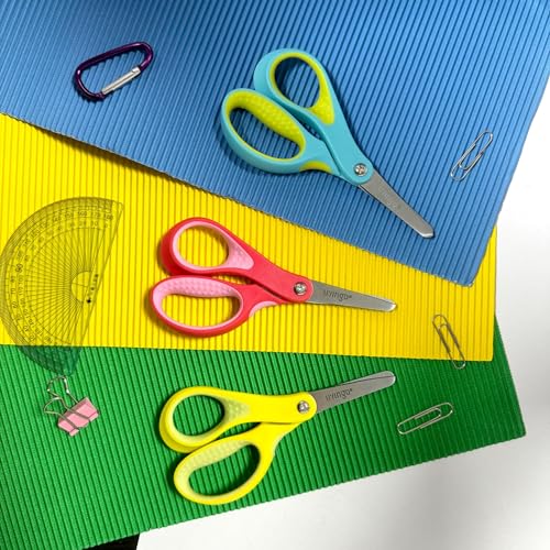 LIVINGO Left Handed Kids Scissors 5" Blunt Craft School Safety 3 Pack - color: Yellow / Pink / Blue