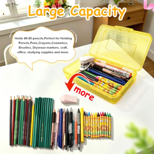 Pencil Box , Hard Plastic Pencil Box Large Capacity Crayon Case ,Organizer Plastic Containers with Snap Lid , Stackable Storage Boxes for Art Craft Office & Classroom Back to School Supplies , Yellow - color: Yellow