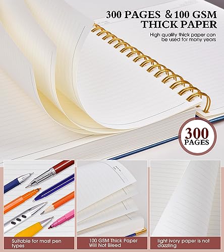 Spiral Notebook Journal 8.5” x 11”, 300 Pages Hardcover Leather Lined Journals for Women Men, A4 Large College Ruled Notebooks with 100 GSM Thick Paper, Spiral Journal for Writing Work School, Navy - color: Navy, size: A4