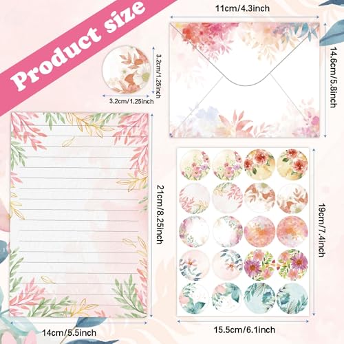 160 Packs Stationery Paper and Envelopes Set 10 Different Designs, 50 One Sided Stationery Writing Papers with 50 Matching Envelopes and 60 Round Dot Sticker, 5.5 x 8.25 Inch (Flower) - style: Flower