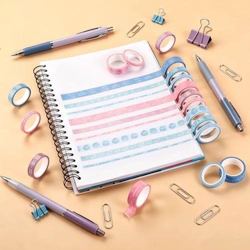 Washi Tape Set of 18 Rolls, Assorted Sizes, Decorative Tape for Journaling, Scrapbook, DIY Décor, Craft Supplies, Gift Wrapping, Metallic Foil, Celestial Pink and Blue - color: Celestial Pink and Blue