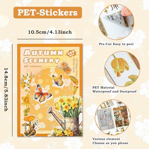 Vintage Scrapbook Stickers, 20 Sheet Vintage Flower Sticker for Scrapbooking, journaling DIY Crafts Laptops，Card Making, Ephemera Pre Cut (Orange Autumn Scenery) - style: Orange Autumn Scenery