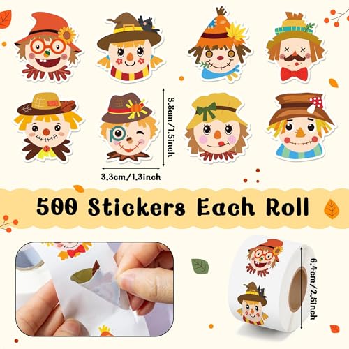 Haooryx Fall Scarecrow Sticker Rolls, 1000Pcs Autumn Scrapbook Stickers - style: Fall-Theme Scarecrow Head 2Roll