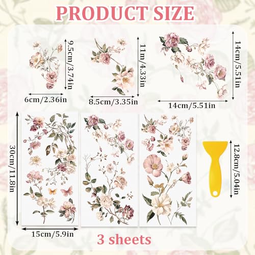 Floral Rub On Transfers for Crafts, 3pcs Flowers and Branches Transfers UV DTF Stickers Waterproof Decals Furniture for Wardrobe DIY Home Door - color: Royal Rose