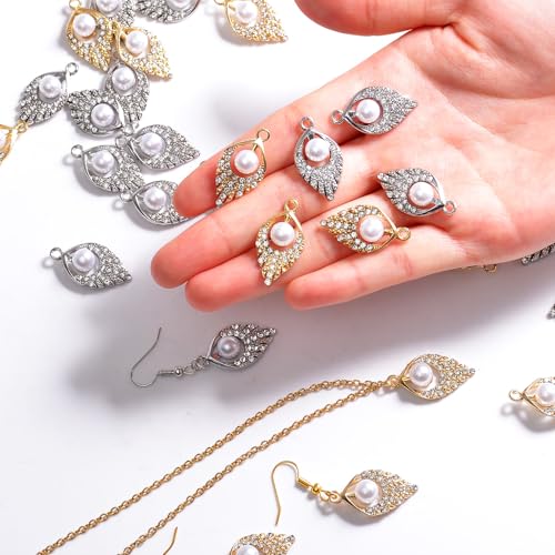 stino 40/50 Pieces Rhinestone Charms, Turtle Heart Bow Cross & Rhombus Jewelry Making Supplies, Silver & Gold Plated Crystal Pendants - style: Leaf Pearl (40PCs)