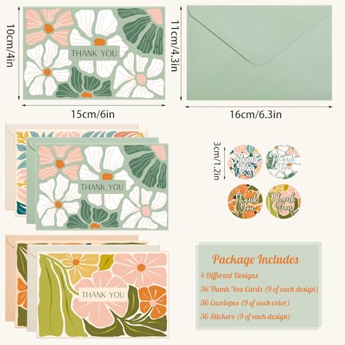 Thank You Cards with Envelopes, 36 Pack Thank You Card Bulk, 4x6 Inch - style: Abstract Flowers