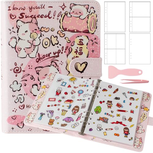 Reusable Sticker Book Collecting,A5 Binder Album Storage Organizer with Blank Release Paper and Pocket for Adult Kids,Cartoon Leather Binder Cover & Magnetic Buckle Closure(Pink) - color: Pink