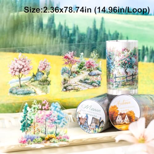 6 Rolls Four Seasons Landscape PET Tape for Scrapbook Journaling | Pre-cut cottages, mountains, forests and seasonal blossoms; transparent and water-resistant for collages and crafts - style: Four Seasons