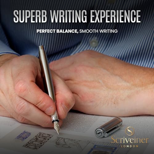 Scriveiner Stainless Steel Fountain Pen - Stunning Luxury Pen with Steel Finish, Schmidt Steel Nib (Fine), Best Pen Gift Set for Men & Women, Professional, Executive Office, Nice Designer Pens - color: 13. Stainless Steel with Chrome, style: Fine Nib