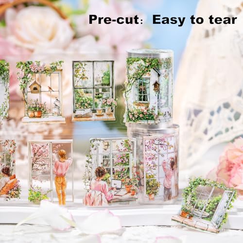 6 Rolls Spring Moments PET Tape for Scrapbook Journaling | Pre-cut portraits, floral windows and cozy home scenes; transparent and water-resistant for planners, collages and crafts - style: Spring Time Moments