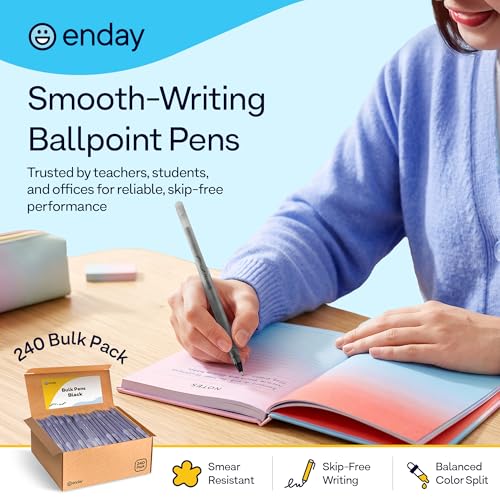 Enday Black Pens Ballpoint, Long Lasting Black Ink Pens Bulk 240 Pack, Smooth and Consistent Writing Pens, Medium Point (1.0mm) Ball Point Pens Black, Flexible Round Barrel for Writing Comfort - color: Black