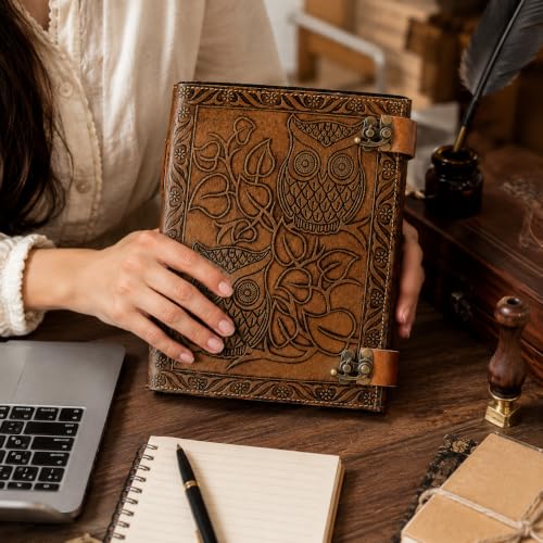 CREATIVE LEATHER ART Vintage Owl Leather Journal 10x7 Lock Notebook - color: Vintage Brown, size: 10 x 7 Inch