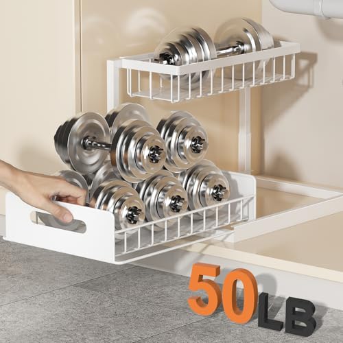 REALINN Under Sink Organizer, L-Shaped 2 Tier Pull Out Cabinet Organizer - color: White, size: 1 Pack