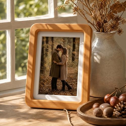 6x8 Picture Frame, USA-Sourced Natural Solid Teak Wood Photo Frame with HD-Tempered Glass, Handcrafted Rounded Corner 6 x 8 Wooden Frame Matted to 5x7 Photos, Wall or Tabletop Display - color: Solid Honey Teak, size: 6x8