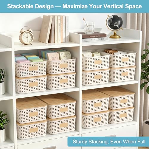 Bagnizer 4 Pack Plastic Storage Bins with Bamboo Lids, 6.2qt Stackable Storage Organizer Box with Lable for Pantry Shelves Drawers Desktop Office, 12"L x 8.3"W x 3.5"H, Cream White - color: Cream White, size: Shallow- 4 Pack