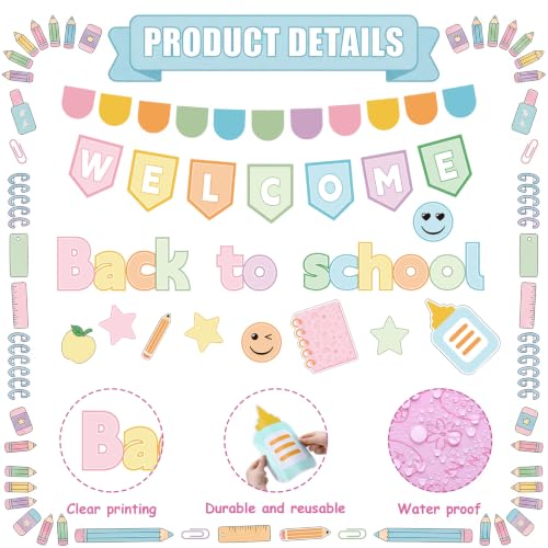 Mooliwe 94 Pcs Welcome Back to School Bulletin Board Set Pastel Smile Face Stationery Paper Cutouts Classroom Decor for Preschool Chalkboard Wall Door Decor First Day of School Teacher Supplies - style: Pastel Smile face