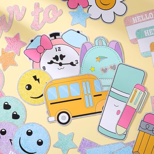 Mooliwe 94 Pcs Welcome to Our Crew Bulletin Board Set Retro Flowers Smile Face Stationery Paper Cutouts for First Day of School Classroom Wall Door Decoration(Pastel Checkered) - style: Pastel Checkered