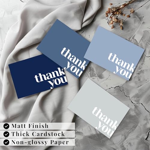 Paper Play Thank You Cards Bulk Pack of 40 Blue, 5x3.5 Inches with Matching Stickers & Envelopes, Minimalistic Design Suitable for Business, Baby Shower, Wedding, Small Business, Graduation, Funeral - color: Blue