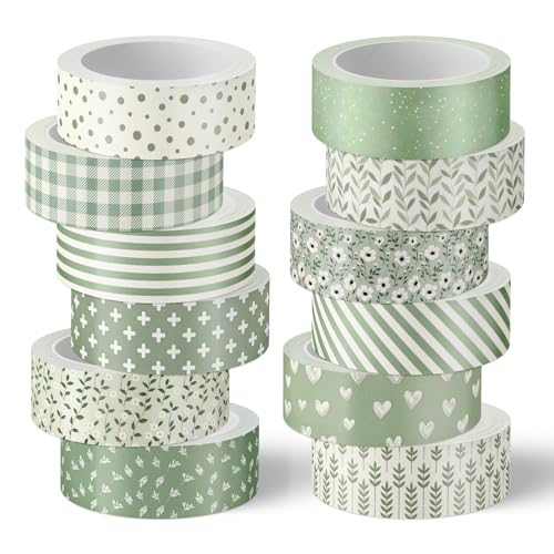 Whaline 12 Rolls Sage Green Floral Washi Tape Masking Tape Set Flower Leaves Plaid Striped Decorative Wrapping Paper Tapes Boxed for Wedding Scrapbook Journal DIY Crafts - style: Sage Green