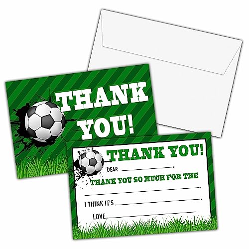 Soccer Thank You Cards, Football Themed Fill In The Blank Thank You Card, Thank You Notes for Boys Girls, Sport Birthday Party Favors Supplies (20 Set of Cards with Envelopes) - B05 - color: Soccer 01