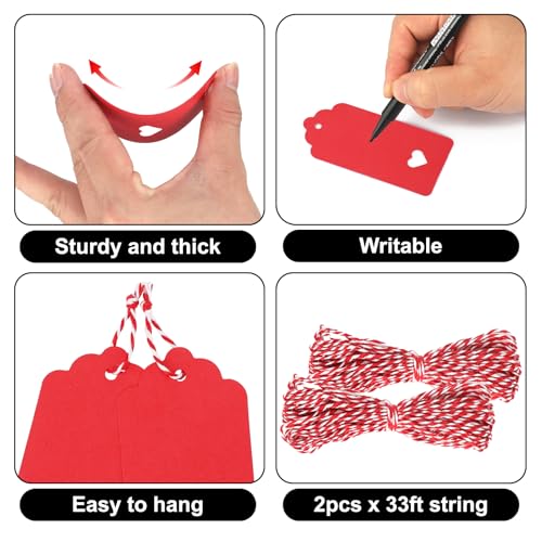 G2PLUS Red Gift Tags with String, 100PCS Hollow Heart Tag, 3.7x1.8in - style: Hollow Heart Red