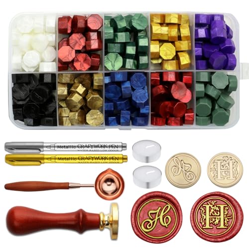 Letter Wax Seal Stamp Kit - Initial Alphabet H Stamp Head 2pcs, Vintage Monogram Stamps Wax Seal Kit with 200pcs Assorted Sealing Beads, Spoon, Metallic Gold Silver Pens - style: Letter H Wax Seal Stamp Kit