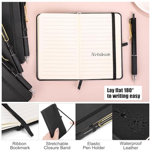 Aodaer 50 Sets Pocket Notebook Journal with Pens, 160 Pages, 3.5 x 5.5 Inch Mini Lined Journal Notebook A6 Leather Hardcover College Ruled Notepad with Pen Holder for School Office Gifts, Black - color: Black