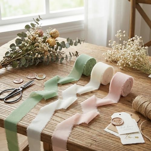 1" x 27 Yd Chiffon Silk Ribbon Set - 3 Rolls Handmade Fringe Fabric - color: PINK,GREEN,IVORY