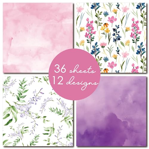 Floral Bloom 12x12 Double Sided Scrapbook Cardstock Paper Pad - 36 Sheets 180gsm Patterned Decorative Paper for Card Making, Scrapbooking, Junk Journaling, Craft Supplies