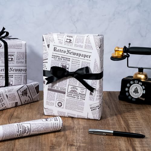 WRAPAHOLIC Kraft Retro Newspaper Wrapping Paper Roll - Mini Roll - 17 Inch x 16.5 Feet - Vintage Black and White Newspaper Wrapping Paper for Birthday, Wedding, Anniversary, Bridal Shower - color: Kraft Newspaper - Old