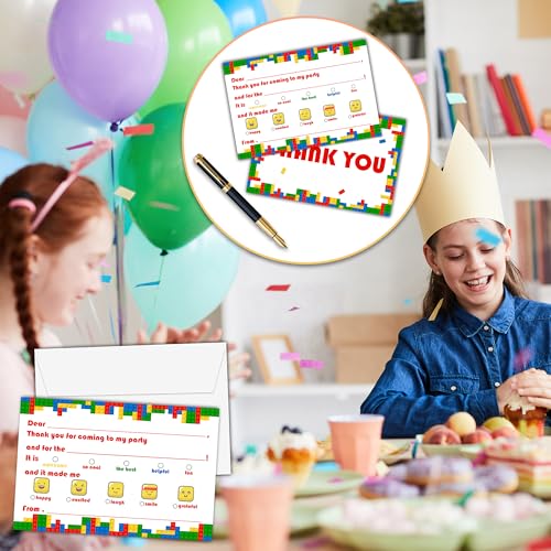 Colorful Thank You Cards, Building Block Border Thank You Notes for Birthday Party, Greeting Postcards for Girls Boys, 25 Pack Fill-in-Blank Gratitude Cards with Envelopes, 08 - color: Building Block