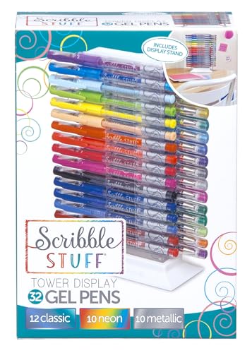 Cra-Z-Art Scribble Stuff 32ct Gel Pens Tower, 32 Bright Fun Colors, an Assortment of 12 classic, 10 neon and 10 metallic fashion ink colors in display stand. Great for Kids,Teens and Adults!
