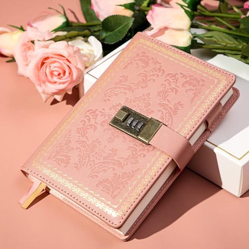 Yoment Lock Diary Vintage Journal with Lock for Women Leather Diary,Pink | Refillable Personal Locking Journal for Writing,Gifts Box,Grils Kids Secret Password Notebook Journal with Pockets 5.5x7.8 - color: Pink