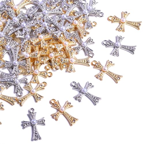 stino 40/50 Pieces Rhinestone Charms, Turtle Heart Bow Cross & Rhombus Jewelry Making Supplies, Silver & Gold Plated Crystal Pendants - style: Cross (Pearl 50PCs)