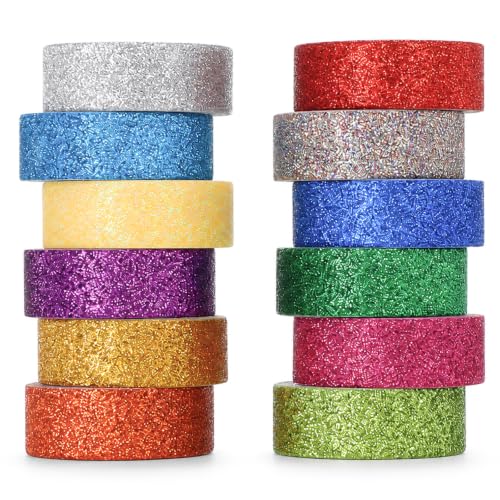 TIESOME 12 Rolls Glitter Washi Tape Set,15mm Macaron Colored Masking Tape, - style: Style3