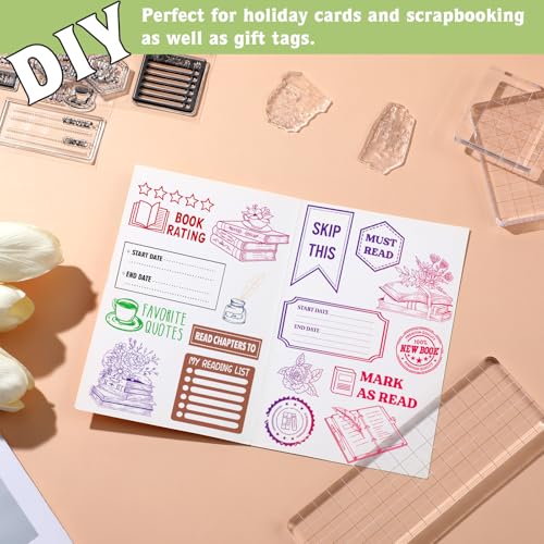 4 Sheets Vintage Book Reading Label Rubber Clear Stamps Set for Card Making and 3 Pcs Acrylic Stamp Block Tools with Grid Lines Transparent Book Sentiment Stamp for DIY Scrapbooking Card Album Craft