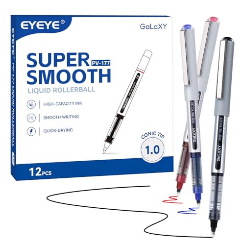 EYEYE Rollerball Pens 1.0mm, 12 Pack (5 Black 5 Blue 2 Red) Roller Ball Pen Quick Dry, Liquid Ink Pens Bold Point Smooth Writing Pen for Journaling, Note Taking, Office, School Supplies - color: 3 Colors, size: 1.0mm