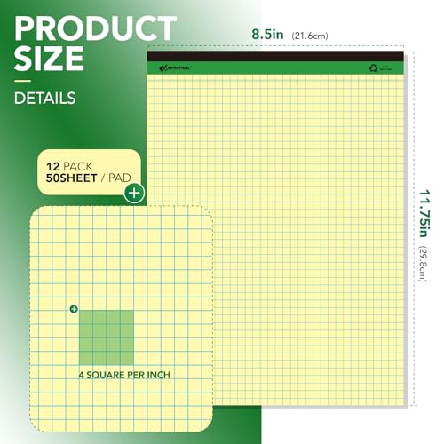 KAISA Graph Paper Legal Pads Writing Pads Recycled Paper 8.5"x11.75" Quad Ruled 4x4 Perforated 50 sheets/pad Grid Paper Yellow Notepads Writing Tablet For Office Supplies (Canary 6pad, 8.5x11.75'') - color: Quad Canary 6pad, size: 8.5x11.75inch