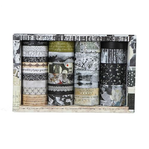 Vintage Washi Tape Set - 24 Rolls Arts Adhesive Tapes Assorted Retro Decorative Masking Tape Sets for Craft, Kids, Scrapbook, DIY, Gift Wrapping (9-Monochrome Mood) - color: 9-Monochrome Mood