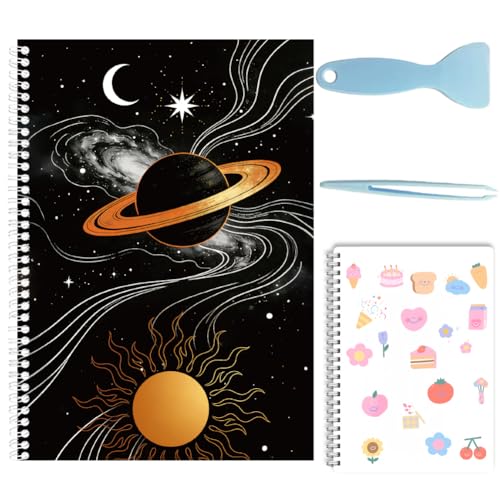 Planet Reusable Sticker Book Collecting 8.3 x 5.8 Inch A5 Size 40 Sheets Sticker Organizer Album Black Planet Moon Pattern Paper Labels Storage Holder Notebook with 1Pc Scraper and Tweezer - color: Planet