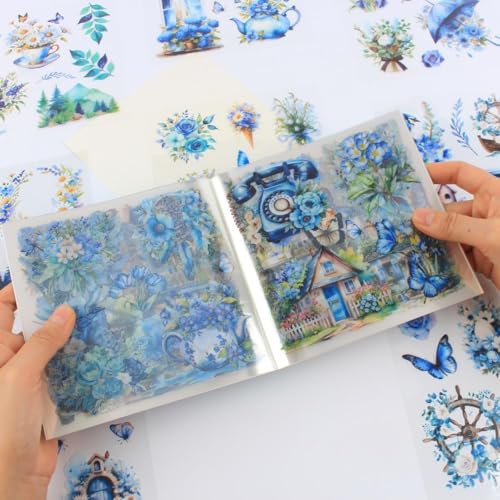 30 Sheets Precut Blue Flower Garden Landscape Stickers Book for Junk Journal Supplies, Transparent PET Stickers for Journaling, Scrapbooking, Bujo, Collage, Card Making - color: The Blue Breezy