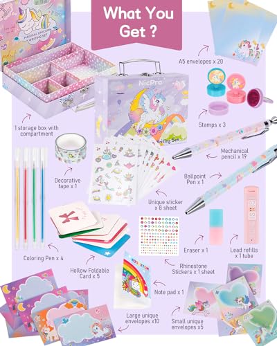Nicpro 62PCS Unicorn Stationary Set For Girls,Unicorn Kid Toys for Aged 6-10 Years Old, Cute Stationery Supplies Letter Writing Kit Gift for 5,6,7,8,9,10 - Little Girls Ideal Christmas Birthday Gifts
