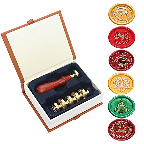 SWANGSA Wax Seal Stamp Set, Vintage 6 Pieces Christmas Sealing Wax Stamp Heads with 1 Wooden Handle for Christmas Gifts Party Invitations Cards (Christmas Set) - style: Christmas Series