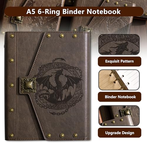 DUROTAN DND Journal D&D Notebook accessories for A5 Refillable Binder | for Dungeons and Dragons / d and d Character Accessory for players Gift for DM's & Players,Men or Women - color: s03-Khaki-Retro Dragon