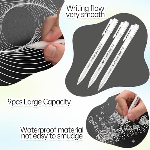 9 Pack White Gel Pens, 0.6/0.8/1.0mm Fine Point, Opaque Ink | 3 Tip Sizes, Opaque Fine Tip Ink, for Black Paper Drawing, Sketch Illustration, Coloring, Bullet Journal, Artists Beginners - size: 0.6/0.8/1.0mm