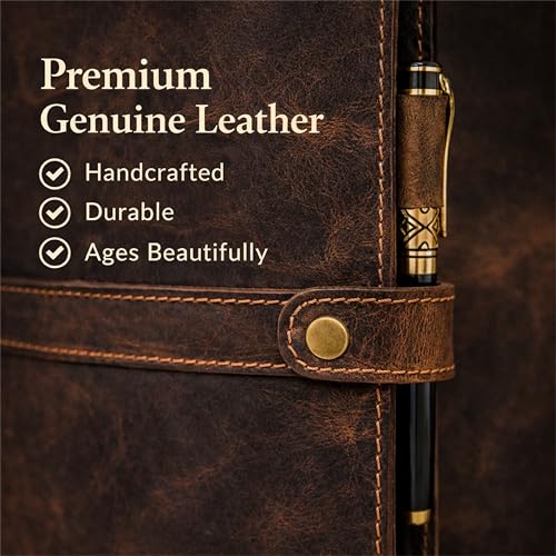 Genuine Leather A5 Journal Cover with Snap Closure – Handmade Refillable Notebook with Card Slots, Pen Holder, Travel Writing Diary for Office & Gift Use 5.75 x 8.25 (Brown) - color: Brown Leather Journal Cover