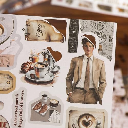 Pre-Cut Washi Sticker Book with 500+ Scrapbooking Stickers and 20 A5 Scrapbook Papers, Aesthetic Coffee and People Stickers for Journaling, Junk Journal Supplies for Adults Card Making, Art Crafts - color: Coffee Weekly
