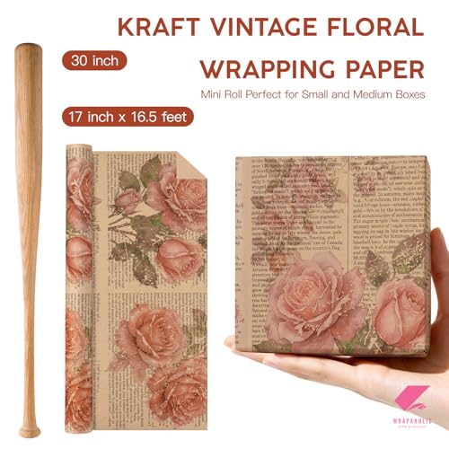 WRAPAHOLIC Kraft Vintage Floral Wrapping Paper - Mini Roll - 17 Inch x 16.5 Feet - Retro Rose Flower Letter Print Newspaper Kraft Wrapping Paper for Birthday, Wedding, Bridal Shower, Anniversary - color: Floral Letter - Red