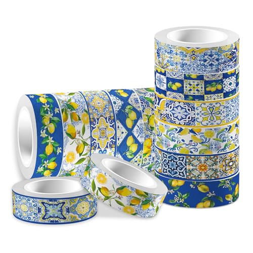 12 Pcs Lemon Washi Tape Set Blue Tiles and Yellow Lemon Patterned Masking Tape Blue Tiles Decorative Paper for Scrapbook DIY, Planner, Craft Gift Wrapping Handbook Sticker