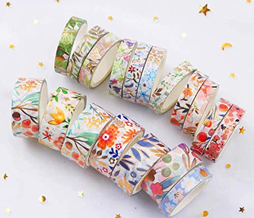 18 Rolls Floral Gold Washi Tape Set VSCO Foil Masking Decorative for Arts, DIY Crafts, Journal Supplies, Planners, Scrapbook, Card/Gift Wrapping 8/15mm Wide (Flowers)